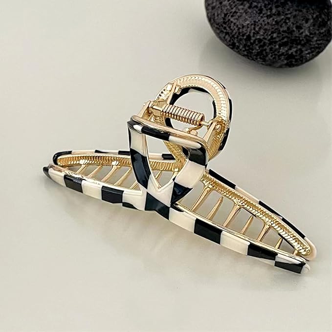 Big Butterfly Metal Hair Claw Clips for Women - Checkerboard Clamps with Strong Hold, 4.7" Large Hair Accessories for Long Thick Hair (Black&White)