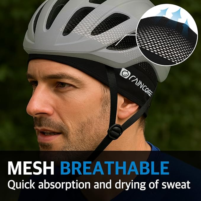 RAINCORE Skull Cap Inner Helmet Liner (with Pouch), Carabiner Clip - Breathable Mesh - Lightweight - Quick Dry - Cycling- Running - Motorcycle - Workout - for Men and Women Cap Black