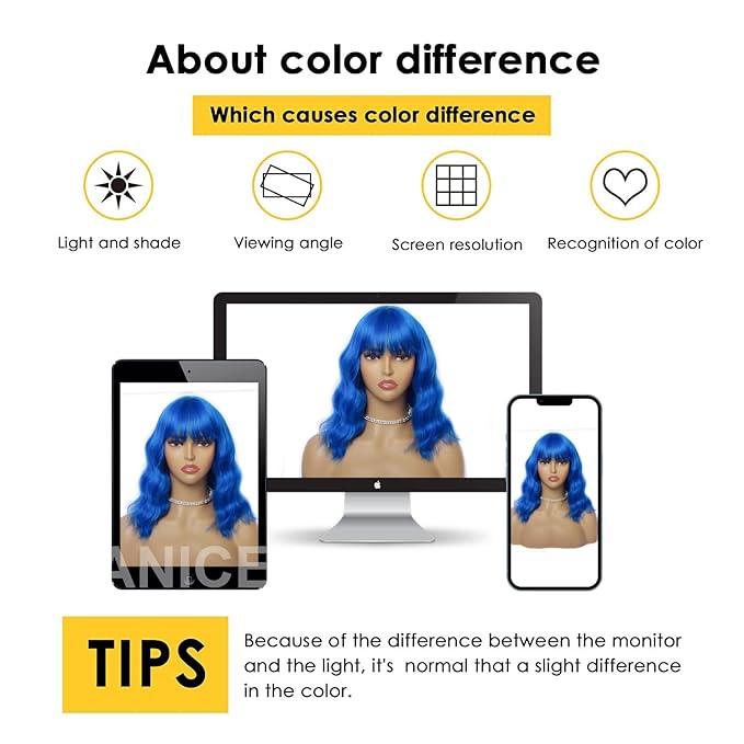 LANICE Blue Wig Short Bob Wigs with Bangs for Women Loose Wavy Hair Shoulder Length Blue Wig Synthetic Colorful Wigs for Cosplay Daily PartyUse(Blue,12inch)