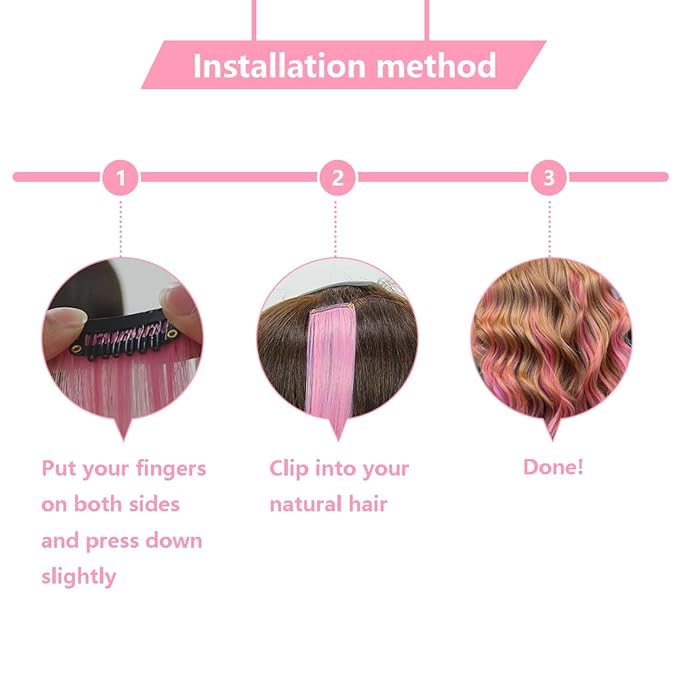 Colored Hair Extensions Clip in, Light Pink 10 Pieces 22 Inch, for Kids Girls Women Play Highlights, Synthetic