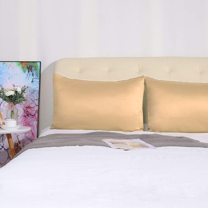 uxcell 2 Pack Silk Satin Pillowcase for Hair and Skin, Cool, Silky, Soft Breathable Pillow Cases King Size 20x36 Inch Sateen Pillowcase Caramel with Envelope Closure
