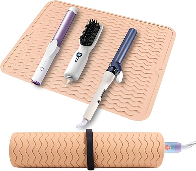 Oversize Silicone Heat Resistant Mat, Heat Mat with Velcro for Curling Iron, Travel Cover Cushion for Curling Irons, Hair Bands and Styling Tools(15.7" X 11.8") (Pink)