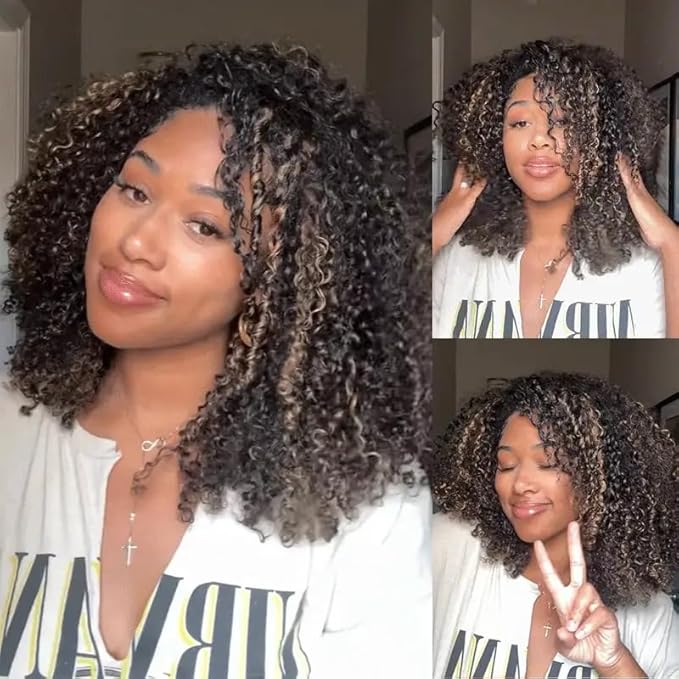 250% Density Curly Half Wig Human Hair Ombre Kinky Curly Wear Go Glueless Wigs Human Hair Balayage Highlight 3 In 1 Half Wig With Adjustable String Flip Over Beginner Friendly Invisible Hairline
