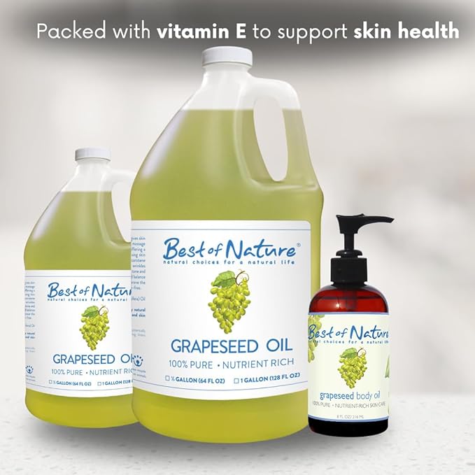Best of Nature 100% Pure Grapeseed Oil - Unscented, Lightweight, Non-Greasy Moisturizer for Hair, Skin, Face & Aromatherapy, Carrier Oil for Essential Oils, Gallon (128 fl oz)