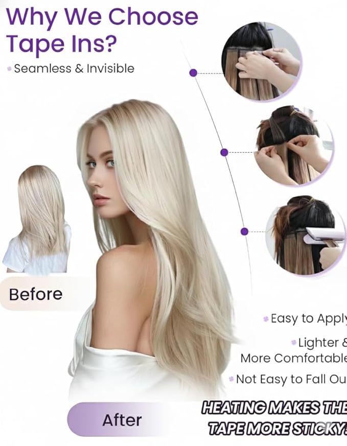 LaaVoo Tape in Human Hair Extensions 20 Inch Blonde Hair Extensions Tape in Dark Ash Blonde Highlighted with Light Blonde 20pcs 50g