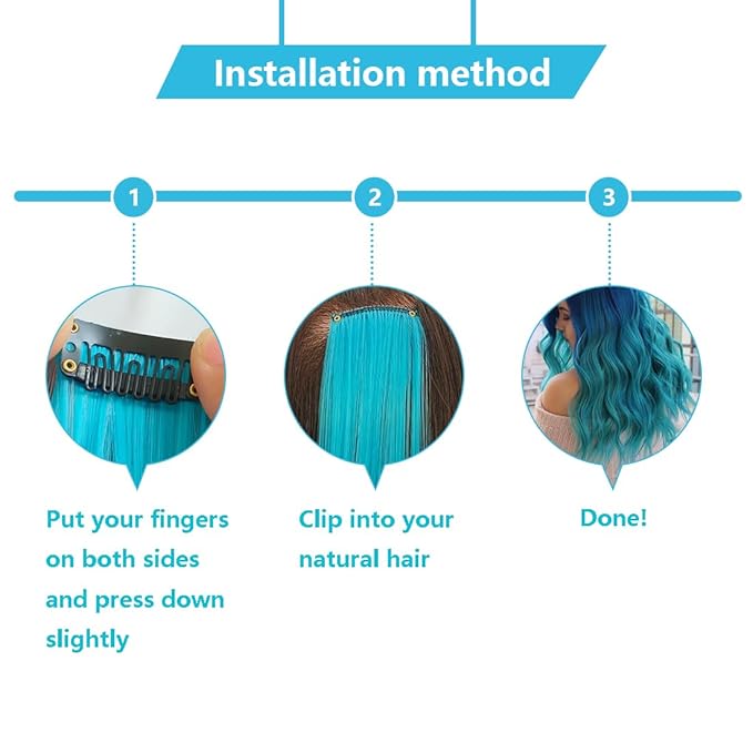 Colored Hair Extensions Clip In for Kids Girls Women, Teal Blue 10 Pieces Rainbow Color, 22 Inch Long Straight Highlights Party, Synthetic
