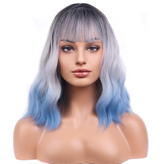 BERON 14 Inches Blue Wig with Bangs Short Bob Curly Wigs Silver Blue Wigs for Women Girls