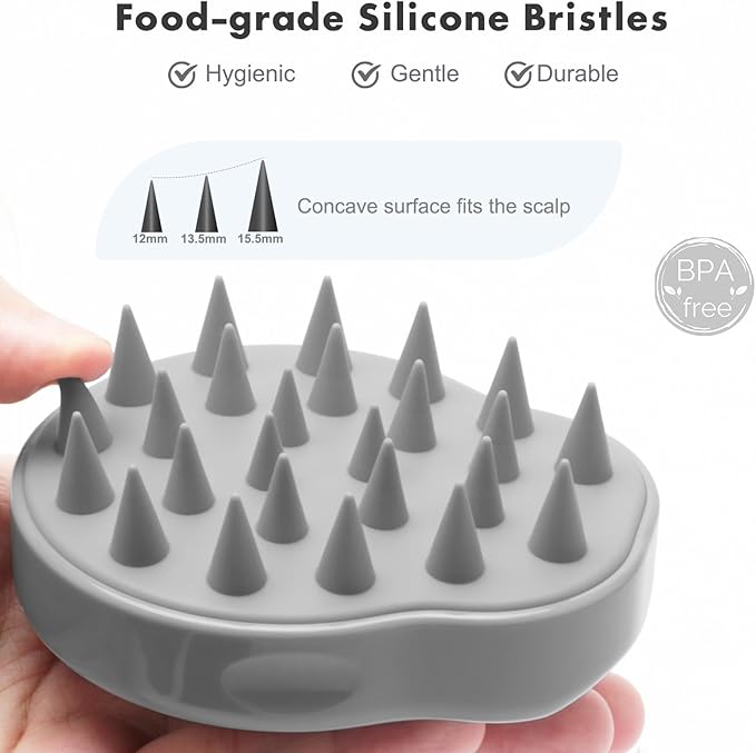 FREATECH Massager Shampoo Brush with Soft Silicone Bristles for Scalp Care, Shower Hair Scalp Scrubber Exfoliator for Dandruff Removal and Hair Growth, Wet & Dry for Men, Women and Kids, Grey