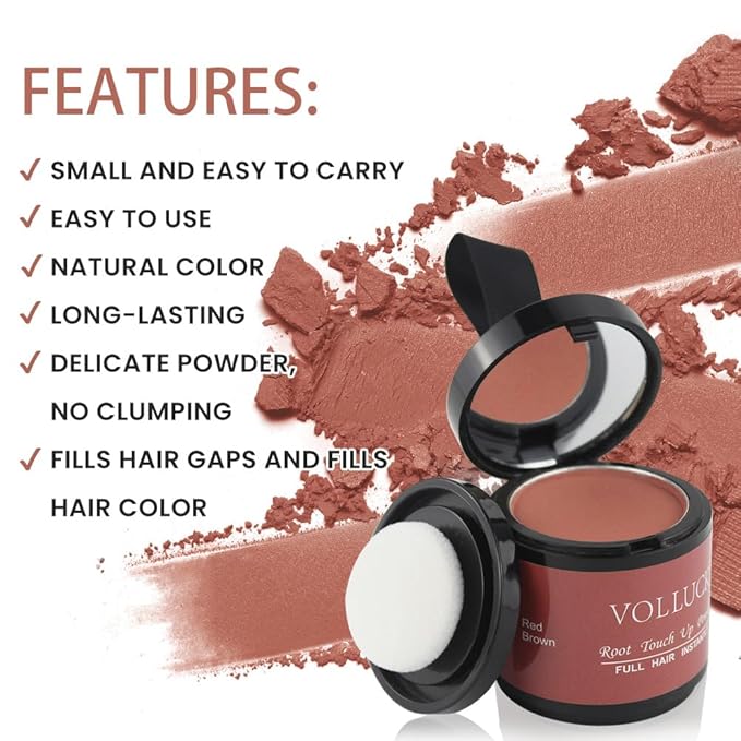 VOLLUCK Root Touch up Powder, Instant Hairline Powder for Thinning Areas and Gray Hair Coverage, Natural and Non-greasy Root Cover up for Women and Men (Red Brown, 0.35 Ounce)