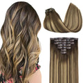 GOO GOO Clip in Hair Extensions Real Human Hair, Remy Human Hair Extensions Clip ins for Women, Natural Human Hair, 14inch 110g 7Pcs, 4/27/4 Balayage Chocolate Brown to Caramel Blonde