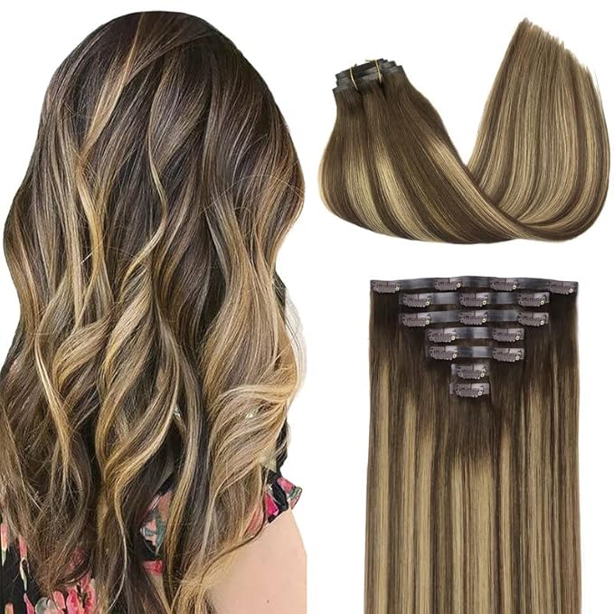 GOO GOO Clip in Hair Extensions Real Human Hair, Remy Human Hair Extensions Clip ins for Women, Natural Human Hair, 16inch 110g 7Pcs, 4/27/4 Balayage Chocolate Brown to Caramel Blonde