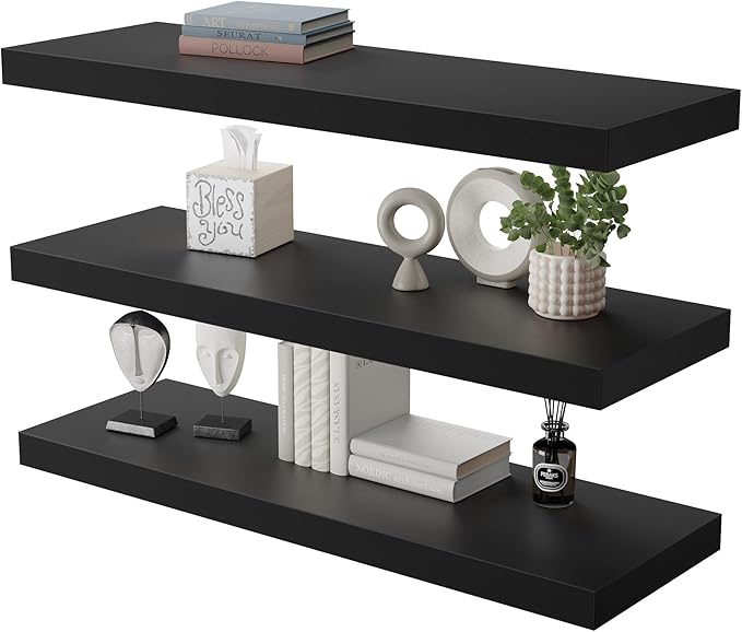 Large Floating Shelves for Wall Set of 3 Wooden Wall Shelves 36 in x 12.75 in x 2 in Room Decor Long Shelf with Invisible Wall Mount Bracket for Bedroom Kitchen Living Room Black
