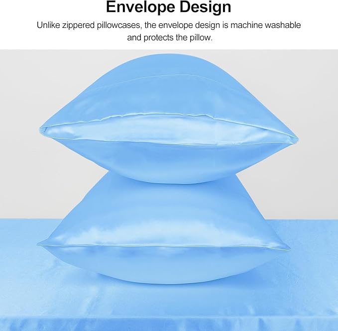 Lirex Satin Pillowcase for Hair and Skin, Super Soft and Cooling Similar to Silk, 2 Pack Queen Size 20"X 30" Pillow Cases with Envelope Closure, Gifts for Women Men, Light Blue