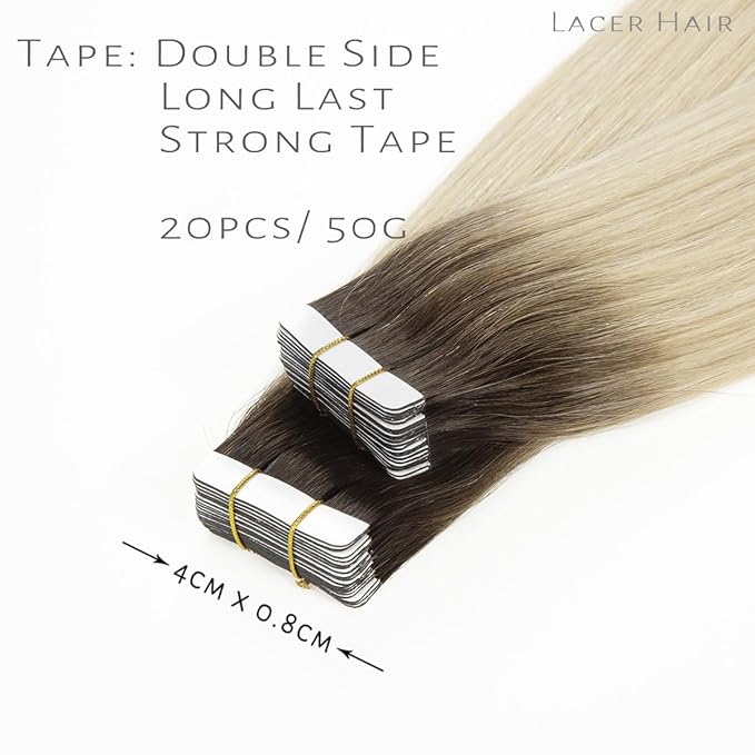 Lacer Tape in Hair Extensions Real Human Hair Rooted Darkest Brown to Platinum Blonde Invisible Human Hair Tape in Extensions Double Sided PU Weft Hair Extensions Tape in 40pcs 60g 12 Inch