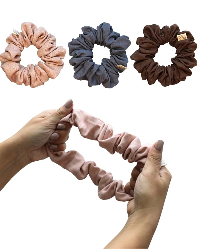 Handmade Linen Scrunchie Bundle for Women – Set of 3 Neutral Hair Ties – 100% Linen Fabric, Gentle on Hair, Woman Gift Set (Misty)