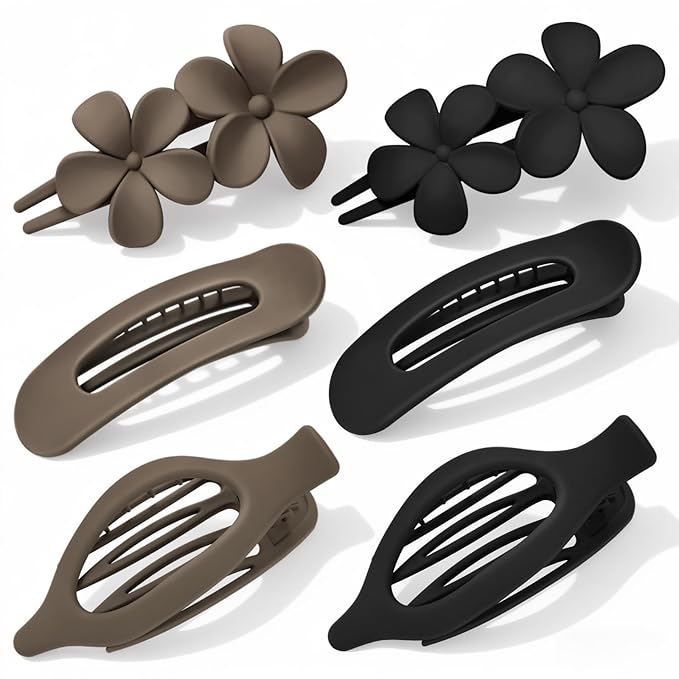 Obeoby 6 Pcs Flat Hair Clips for Women, 3 Types French Flat Claw Clips Hair Accessories Large Medium Barrettes Flowers Duckbill Stocking Stuffers Christmas Gifts (Coffee, Black)