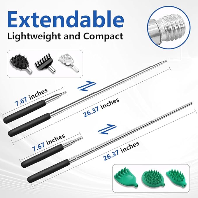 Back Scratcher Extendable with 6 Detachable Scratching Heads and Hair Scalp Massager for Itches Lotion Application Spa Adults Women Men Seniors The Disabled Baby Green