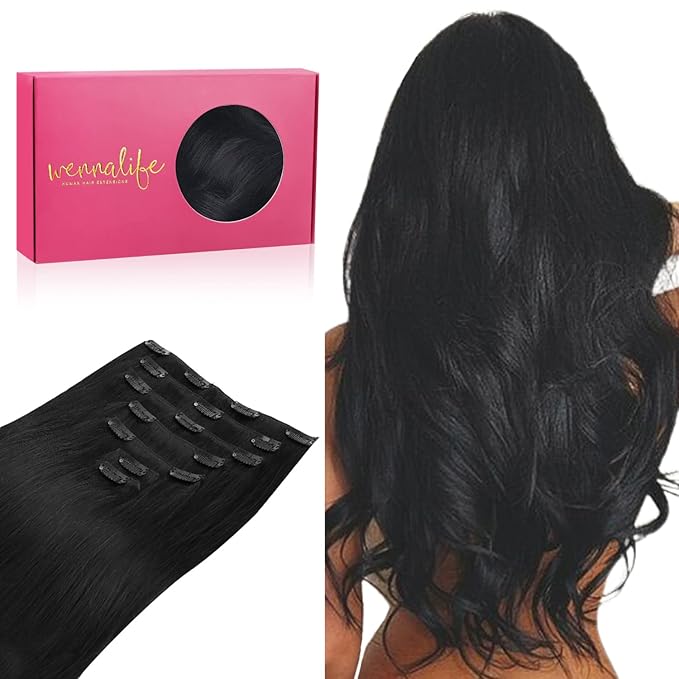 Wennalife Clip in Jet Black 16 Inch 120g 7pcs Human Hair Extensions Remy Clip in Hair Extensions Double Weft