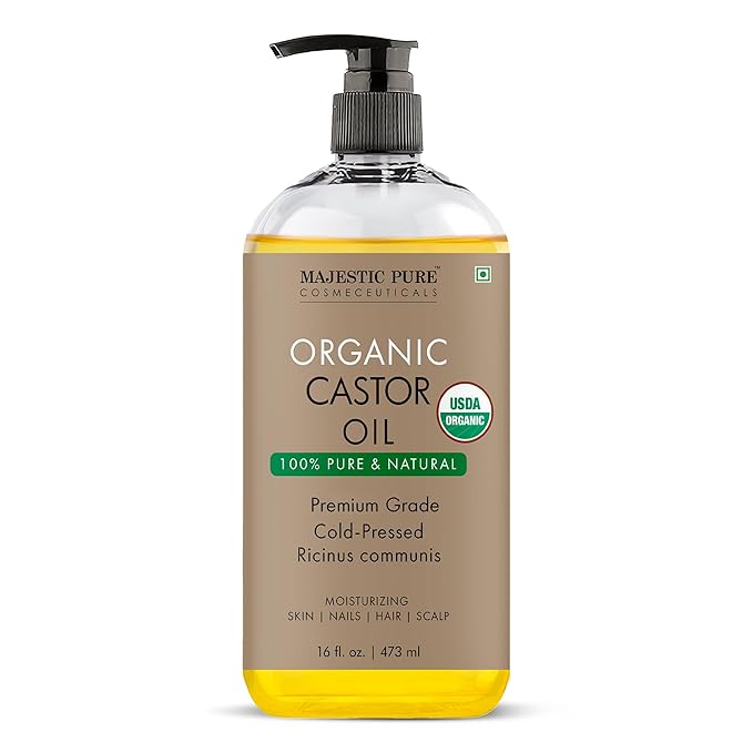 Majestic Pure Organic Castor Oil 16 Fl Oz - 100% Pure and Natural - Premium Grade Carrier Oil - Hair, Eyelashes and Eyebrows - Hair Oil and Body Oil - Expeller Pressed - Hexane Free
