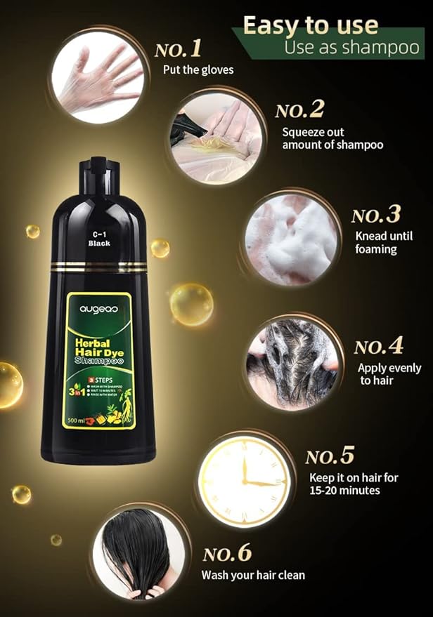 Natural Black Hair Color Shampoo for Gray Coverage, 3 in 1 Herbal Hair Shampoo for Women and Men, 500ML