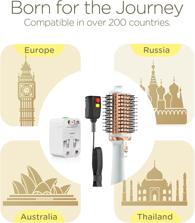 Plavogue Dual Voltage Blow Dryer Brush for European Travel,110V-240V Hot Air Brush with Volumizer, Negative Ionic Anti-Frizz - Styling Brush with Ceramic Coating for Long/Mid Hair Types, Oval Shape