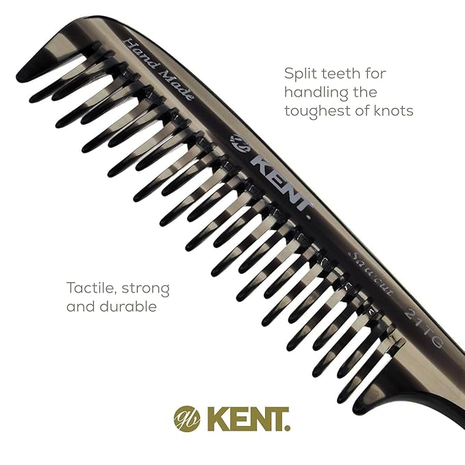 Kent 21T Black Graphite Large Wide Tooth Detangling Comb, for Thick Curly Wavy Hair. Handled Comb For Wet and Dry Hair. Handmade of Quality Cellulose, Saw-Cut Hand Polished, Made in England