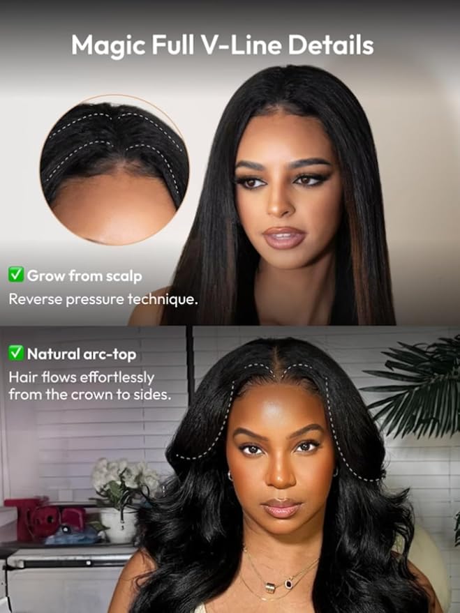 KLAIYI EasiContour V Part Wig Human Hair Body Wave Glueless Upgrade U Part Wig No Leave Out No Gel Clip in Half Wig V Shape Pull and Go Beginner Friendly Ready to Wear Natural Black Color 150% 22Inch