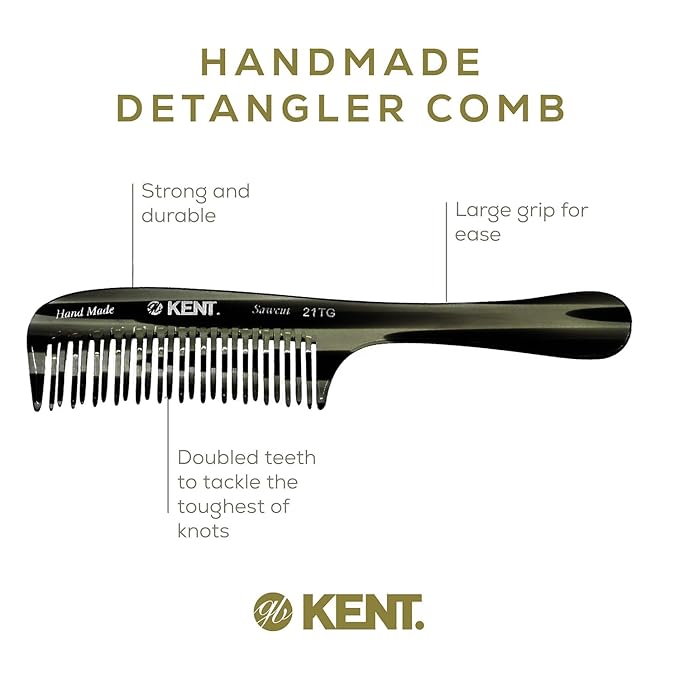 Kent 21T Black Graphite Large Wide Tooth Detangling Comb, for Thick Curly Wavy Hair. Handled Comb For Wet and Dry Hair. Handmade of Quality Cellulose, Saw-Cut Hand Polished, Made in England