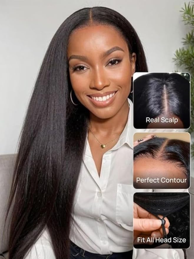 YIROO EasiContour V Part Wigs Human Hair Yaki Straight Human Hair Wigs No Leave Out Glueless Upgraded U Part Wigs for Women V Shape Clip in Vpart Wig No Sew in No Glue Beginner Friendly 18 inch