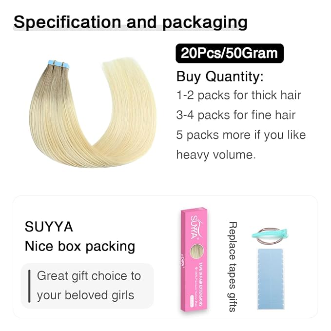 SUYYA Tape in Hair Extensions Human Hair Balayage Ash Blonde to Medium Blonde and Platinum Blonde 18 Inch 50g/pack 20pcs Straight Seamless Skin Weft Tape in Real Hair Extensions(18inch #P22/60/T18)