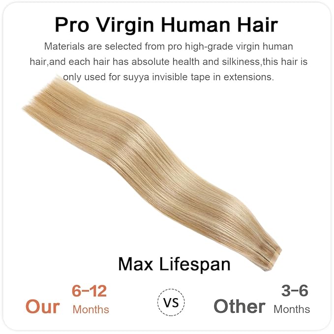 SUYYA Invisible Tape in Hair Extensions Human Hair Seamless Injected Hand-Tied Pro Quality Virgin Human Hair Tape Ins Ash Blonde Highlighted Bleach Blonde 20PCS 40G/Pack Straight(16 inch #P18/613)