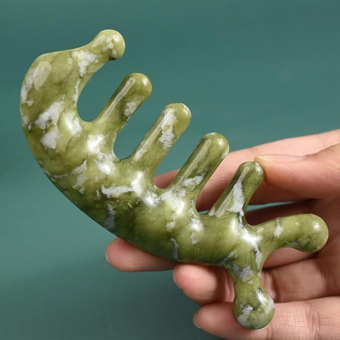 TIDTALEO Jade Craft Massage Comb Tool 3D Fish-Shaped Scalp Massager with Gua Sha Function Light Green Jade for Head, Body, and Facial Acupressure Relaxation