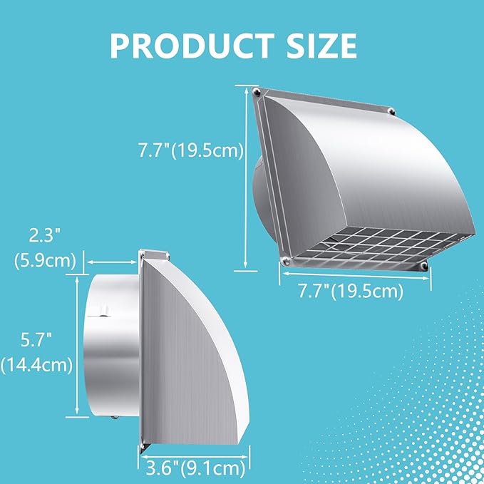 6 Inch Exhaust Vent Cover, HG Power Stainless Steel Dryer Vent Cover Outside with Removable Screen & Cushioned Non Return Flap, Air Wall Vent for House, AC, Opening Diameter: 5.7"(Silver)