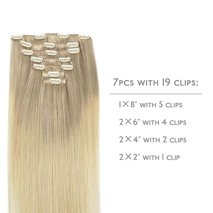 WENNALIFE Clip In Human Hair Extensions, 18 Inch 120g 7pcs Ash Blonde to Platinum Blonde Ombre Clip in Real Human Remy Hair Extensions