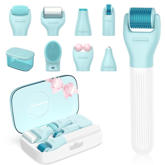 Derma Roller, TUMAKOU 10 in 1 Microneedle Roller Set for Face, Body, Scalp, Beard Hair, Microneedling Micro Needling Roller Kit for Women Men, with Storage Case & Face Ice Roller & Facial Brush(Green)