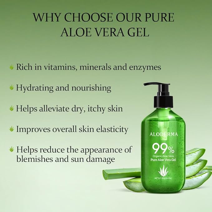Aloderma 99% Organic Aloe Vera Gel Made within 12 Hours of Harvest - Pump Bottle - Lightweight Aloe Gel for Face and Body, Soothing and Hydrating Sunburn Relief, Great for Scalp & Hair - 6 x 10.6oz