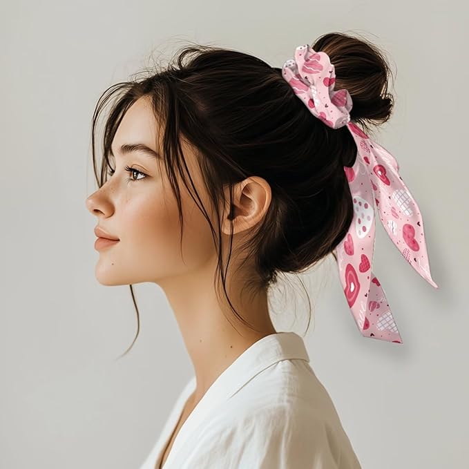 Heart Paw Print Satin Hair Ties for Thick Curly Hair Pink Knotted Bow Hair Scrunchies Soft Ribbon Scrunchy for Womens Pack of 2 for Valentine's Day