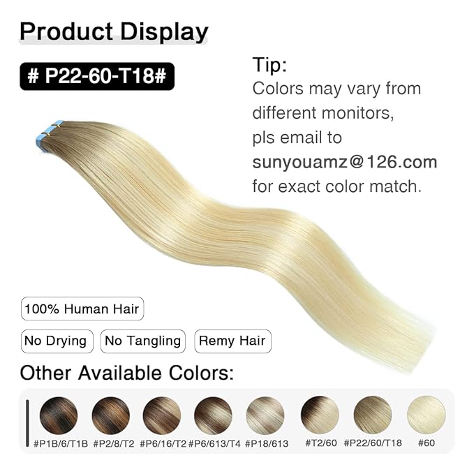 SUYYA Tape in Hair Extensions Human Hair Balayage Ash Blonde to Medium Blonde and Platinum Blonde 18 Inch 50g/pack 20pcs Straight Seamless Skin Weft Tape in Real Hair Extensions(18inch #P22/60/T18)