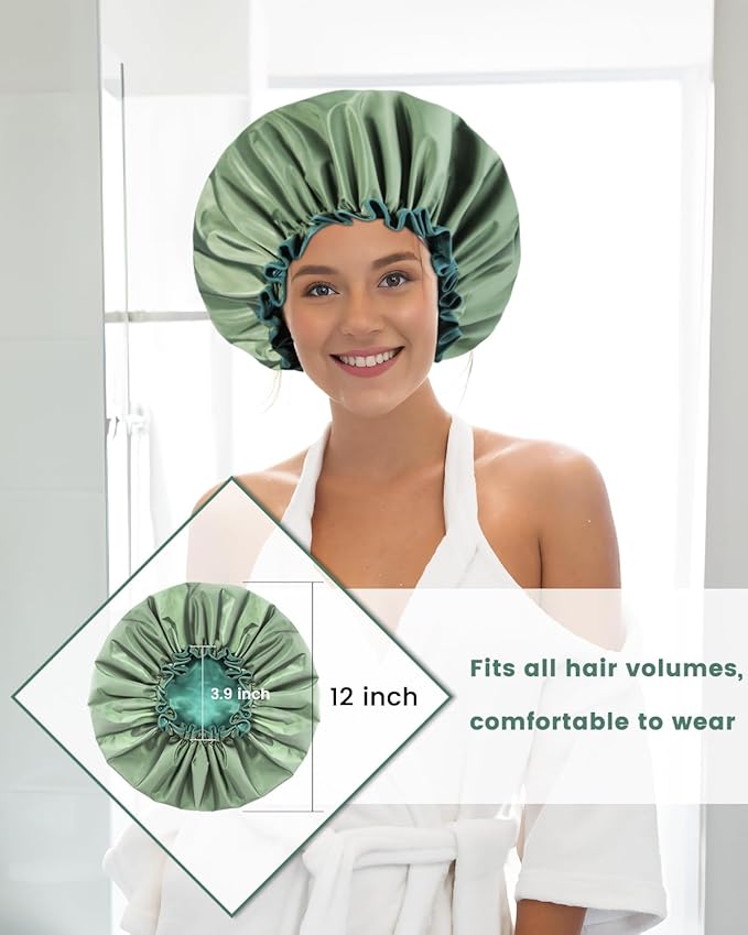 Aquior Shower Caps, Reusable Shower Cap for Women, Double Layer Waterproof Bonnet Hair Cap, Large Size for All Hair Lengths,for Girls Spa Home Salon Use(Green)