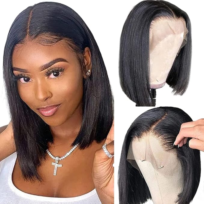 14 inch Short Bob Wigs 13x4 Frontal Bob Transparent Lace Front Wigs Human Hair Pre Plucked Brazilian Virgin Hair Wigs for Black Women Natural Black