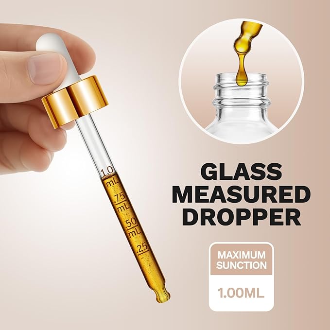Bumobum 2 Pack, 2 oz Golden Cap Clear Glass Eye Dropper Bottle with Labels and Funnel, Leakproof Tincture Bottle with Measured Dropper for Essential Oils Bottles
