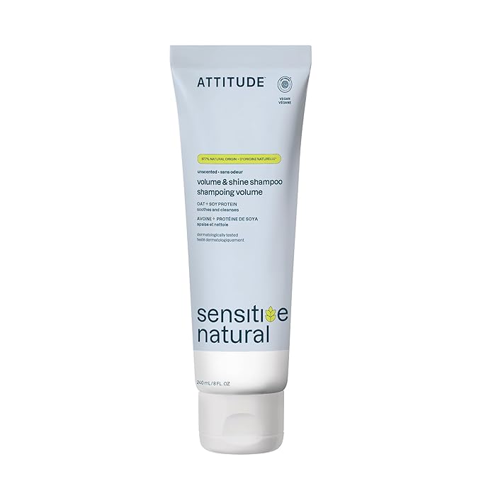 ATTITUDE Volume & Shine Hair Shampoo, EWG Verified, Extra Gentle, Enriched with Oatmeal, Naturally Derived Ingredients, Vegan, Plant Based, Unscented, 8 Fl Oz