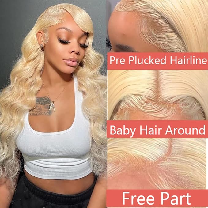613 Blonde Human Hair Wigs 13X6 HD Transparent Lace Front Body Wave Wigs with Baby Hair for Black Women Pre Plucked Brazilian Virgin Hair Wig 180% Density 14 Inch