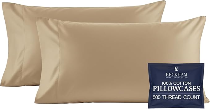 Beckham Hotel Collection 100% Cotton Pillow Cases King Size Set of 2, 500TC, Luxury Sateen Pillowcases, Open End, Breathable, Moisture-Wicking, Sand