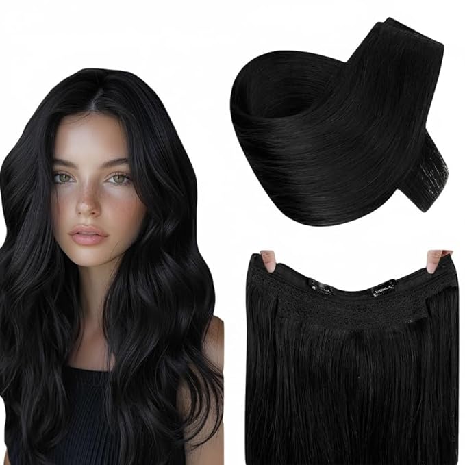 RUNATURE Short Wire Hair Extensions Real Human Hair Invisible Wire Hair Extensions Black One Piece 12 Inch 70g Seamless Fish Line Hairpiece #1 Jet Black