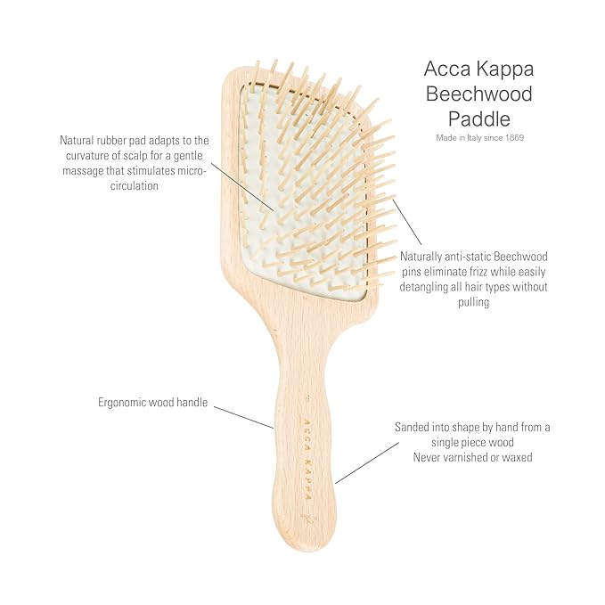 ACCA KAPPA Natural Paddle Hair Brush Wooden Pins Beechwood Anti-Static Scalp-Massage Detangler