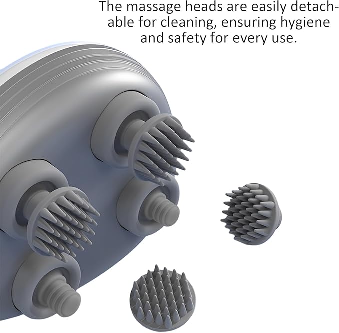Multi-Functional Electric Scalp and Body Massager, Portable, Rechargeable with 3 Speed Modes and 4 Silicone Massage Heads for Relaxation, and Hair Growth