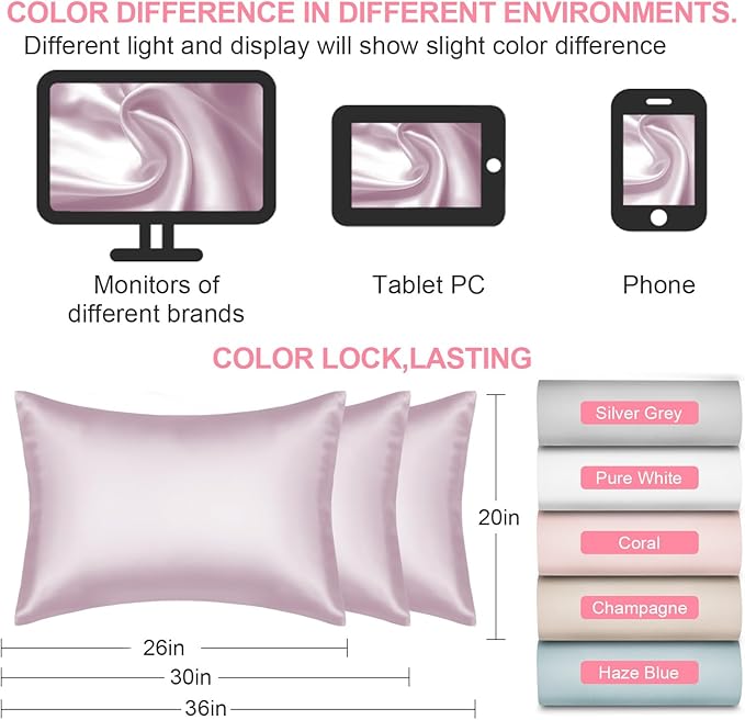 Mulberry Silk Pillow Cases 2 Pack Standard Size 20x26 Inches with Hidden Zipper, Ultra Smooth and Soft Breathable Cooling Silk Satin Pillowcase Set of 2, Better for Hair and Skin, Gifts for Women Men
