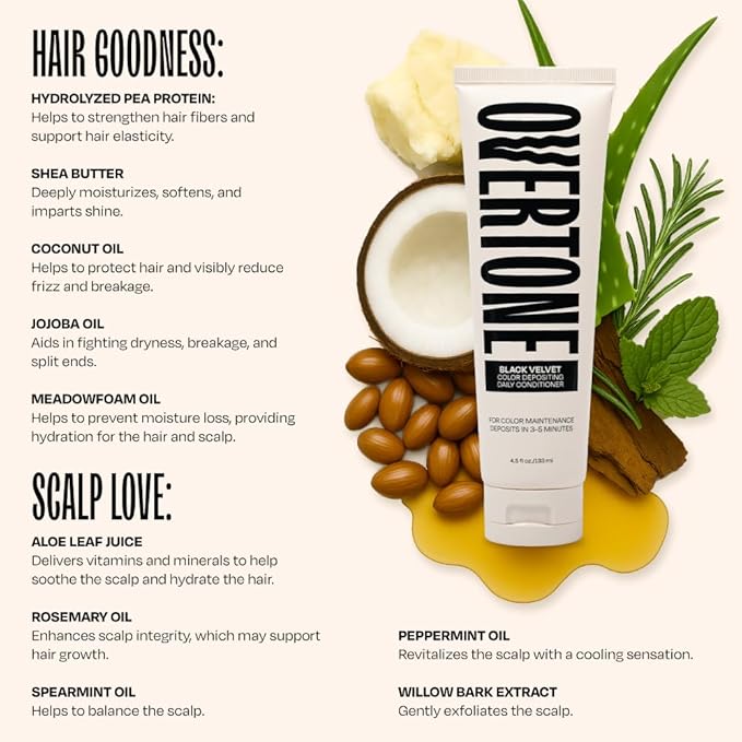 Overtone hair care product with ingredients and benefits listed on a white background