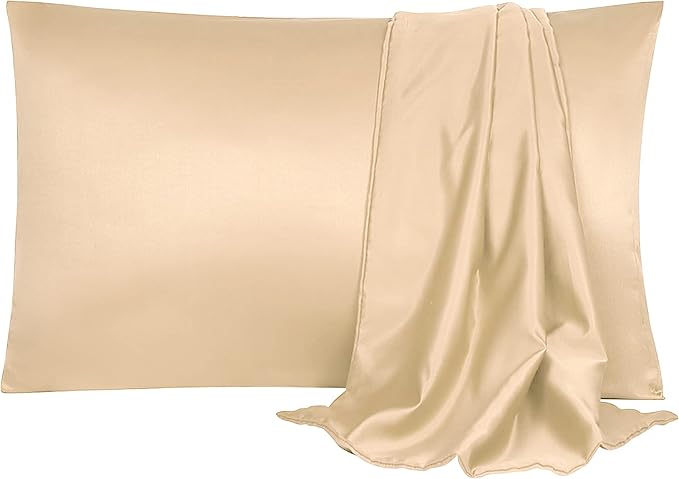 uxcell 2 Pack Silk Satin Pillowcase for Hair and Skin, Cool, Silky, Soft Breathable Pillow Cases Queen Size 20x30 Inch Sateen Pillowcase Champagne with Envelope Closure